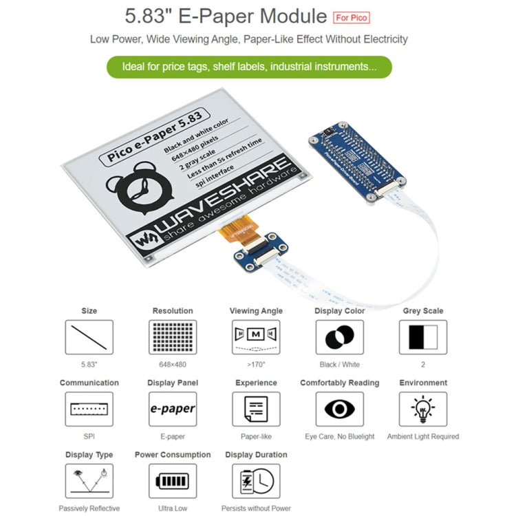 Waveshare 5.83 inch 648x480 Pixel Black White E-Paper E-Ink Display Module for Raspberry Pi Pico, SPI Interface, 20126
