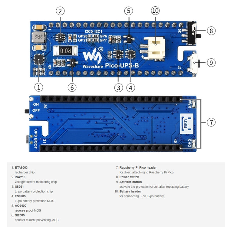 Waveshare UPS Module Uninterruptible Power Supply 600mAh Li-Po Battery Module Stackable Board for Raspberry Pi Pico, UPS