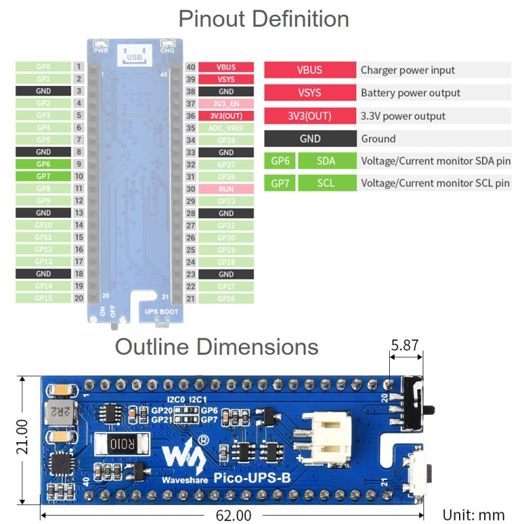 Waveshare UPS Module Uninterruptible Power Supply 600mAh Li-Po Battery Module Stackable Board for Raspberry Pi Pico, UPS