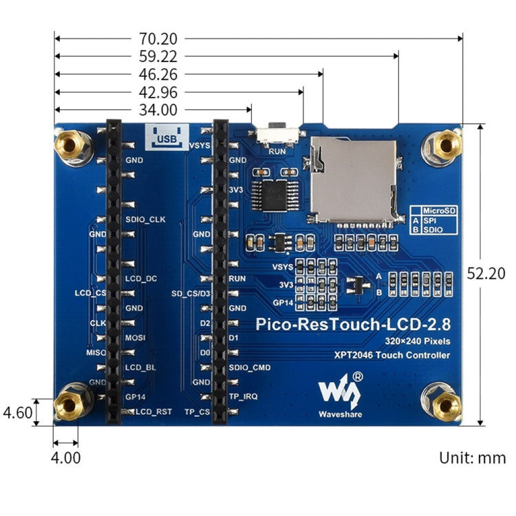 WAVESHARE 2.8 inch 262K Colors 320 x 240 Pixel Touch Display Module for Raspberry Pi Pico, SPI Interface, 2.8 inch