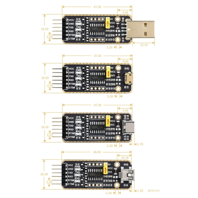 Waveshare USB-A  to UART High Band Rate Transmission Module Connectors, USB-A