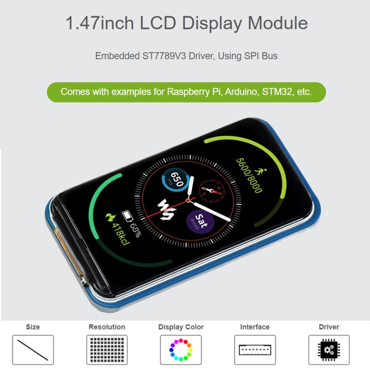 WAVESHARE 1.47 inch LCD Display Module, Rounded Corners, 172 x 320 Resolution, SPI Interface