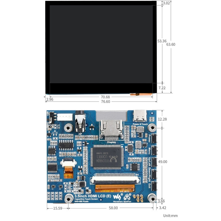 Waveshare 3.5 inch HDMI Capacitive Touch IPS LCD Display (E), 640 x 480, Audio Jack, 3.5 inch Audio Jack