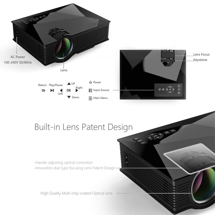 UC68+ 40ANSI 1024 x 600P Home Theater Multimedia HD LED Projector,  Support USB/SD/HDMI/VGA/IR, UC46+ Black