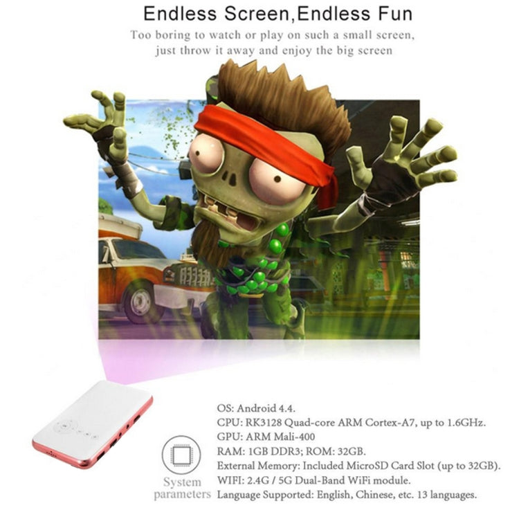 Wejoy DL-S6+ 1000 Lumens 854x480 Smart Mini Projector, RK3128 CPU, 1GB+32GB, Android 4.4, Bluetooth, WiFi, HDMI, DL-S6+/Rose Gold