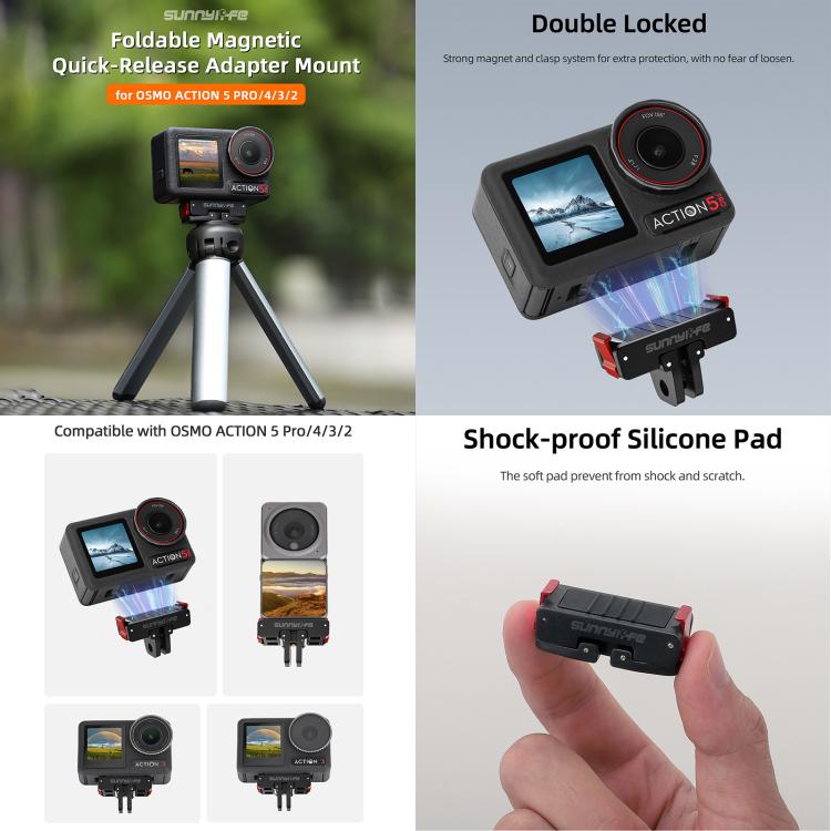 For DJI Osmo Action 5 Pro / 4 / 3 Sunnylife Foldable Magnetic Quick Release Mount + Magnetic Cold Shoe Adapter, AD938+AD887 For DJI Osmo Action 5 Pro / 4 / 3