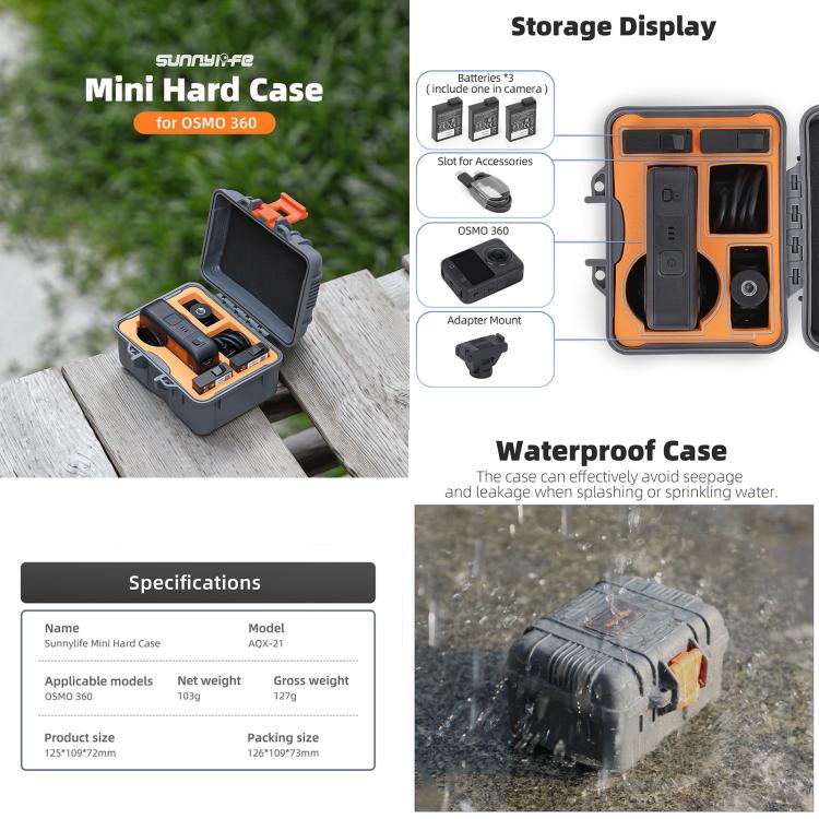 For DJI Osmo 360 Sunnylife Mini Travel Box Waterproof Carrying Box Shock-proof Hard Shell, For DJI Osmo 360