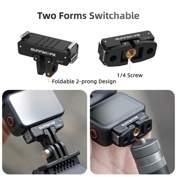 For DJI Osmo 360 Sunnylife Dual-Direction Magnetic Mount Quick-Release 1/4 Screw Foldable 2-prong Design Adapter Mount, AD107 For DJI Osmo 360