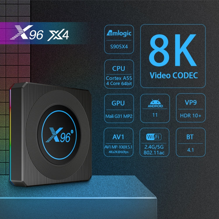 X96 X4 8K Smart TV BOX Android 11.0 Media Player with Remote Control, Amlogic S905X4 Quad Core ARM Cortex A55, RAM: 4GB, ROM: 32GB, Support 1000M, Dual Band WiFi, Bluetooth, EU Plug, 4GB+32GB