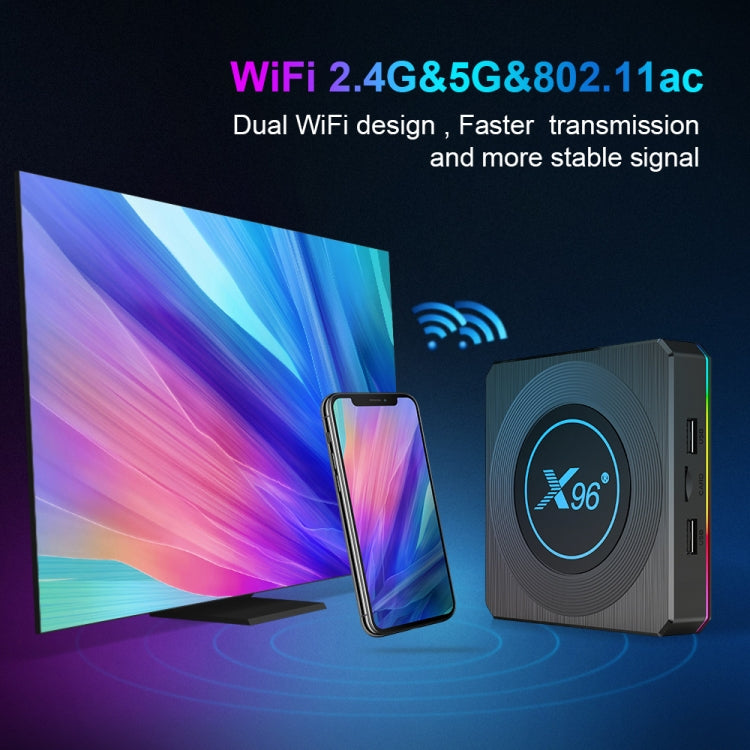 X96 X4 8K Smart TV BOX Android 11.0 Media Player with Remote Control, Amlogic S905X4 Quad Core ARM Cortex A55, RAM: 4GB, ROM: 64GB, Support 1000M, Dual Band WiFi, Bluetooth, EU Plug, 4GB+64GB
