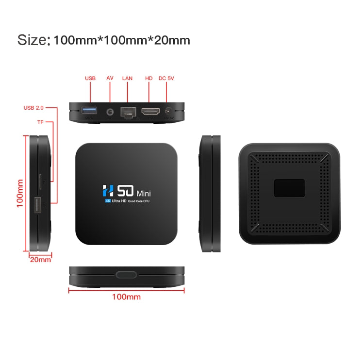H50 Mini 4K Smart Network TV Box, Android 10.0, RK3318 Quad Core, 2GB+8GB, EU Plug, 2GB+8GB