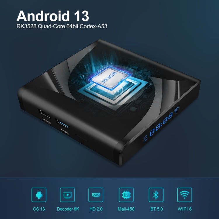 X88 Pro 13 Android 13.0 Smart TV Box with Remote Control, RK3528 Quad-Core, 2GB+16GB, 2GB+16GB