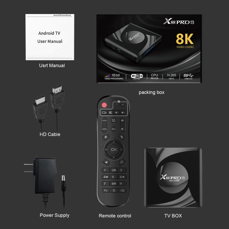 X88 Pro 13 Android 13.0 Smart TV Box with Remote Control, RK3528 Quad-Core, 2GB+16GB, 2GB+16GB