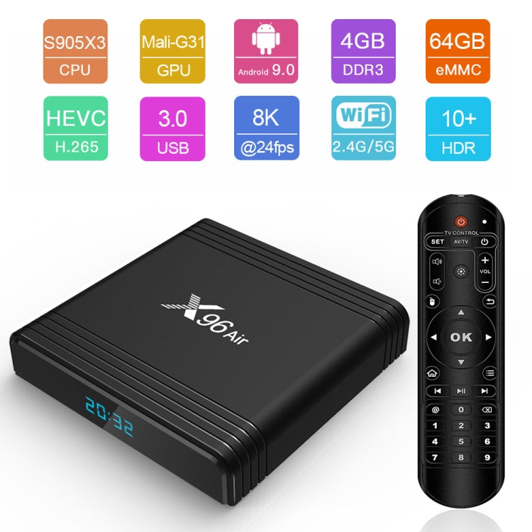 X96 Air 8K Smart TV BOX Android 9.0 Media Player with Remote Control, Quad-core Amlogic S905X3, RAM: 4GB, ROM: 64GB, Dual Band WiFi, Bluetooth, AU Plug, 4GB+64GB