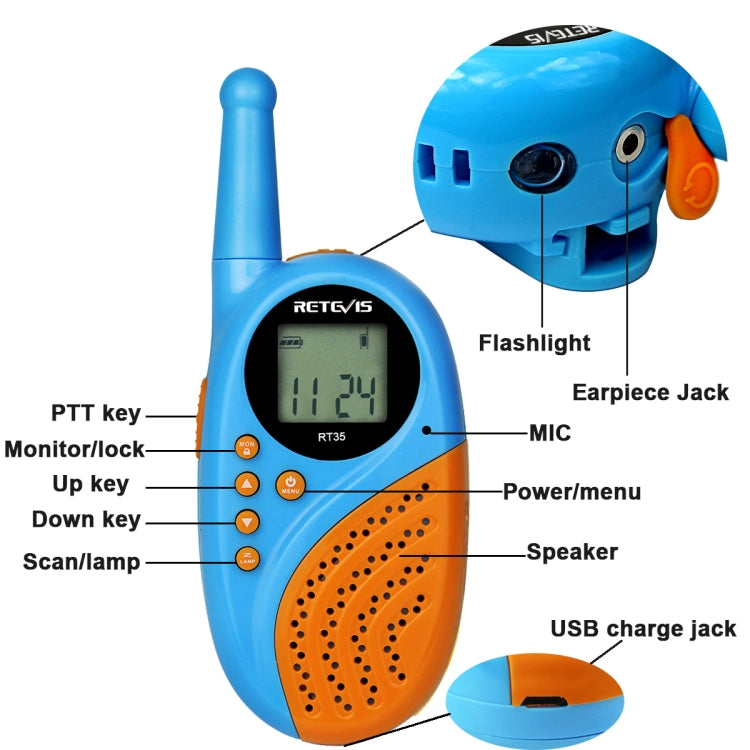 1 Pair RETEVIS RT35 0.5W US Frequency 462.550-467.7125MHz 22CH Handheld Children Walkie Talkie, RT35 US Frequency(Blue), RT35 US Frequency(Black)