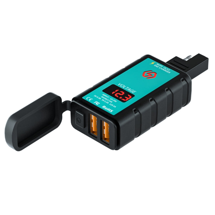 WUPP ZH-1422A1 DC12-24V Motorcycle Square Dual USB Fast Charging Charger with Switch + Voltmeter + Integrated SAE Socket, ZH-1422A1