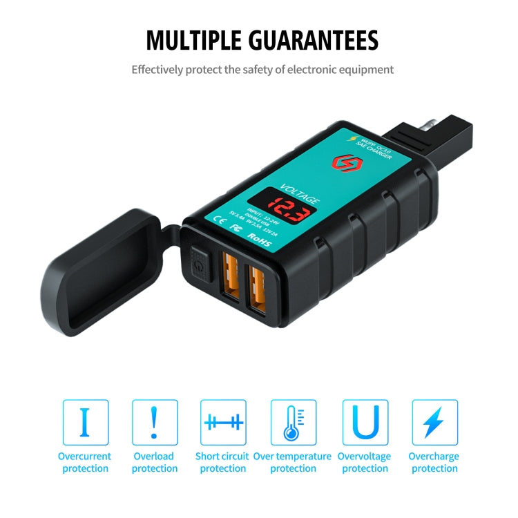 WUPP ZH-1422A1 DC12-24V Motorcycle Square Dual USB Fast Charging Charger with Switch + Voltmeter + Integrated SAE Socket, ZH-1422A1