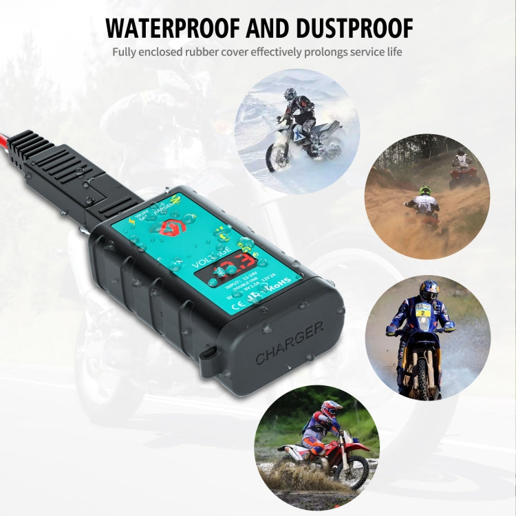WUPP ZH-1422A1 DC12-24V Motorcycle Square Dual USB Fast Charging Charger with Switch + Voltmeter + Integrated SAE Socket, ZH-1422A1