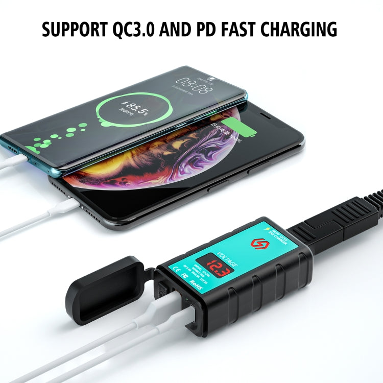 WUPP ZH-1422B3 DC12-24V Motorcycle Square Single USB + PD Fast Charging Charger with Switch + Voltmeter + Integrated SAE Socket + 1.4m OT Terminal Cable, ZH-1422B3