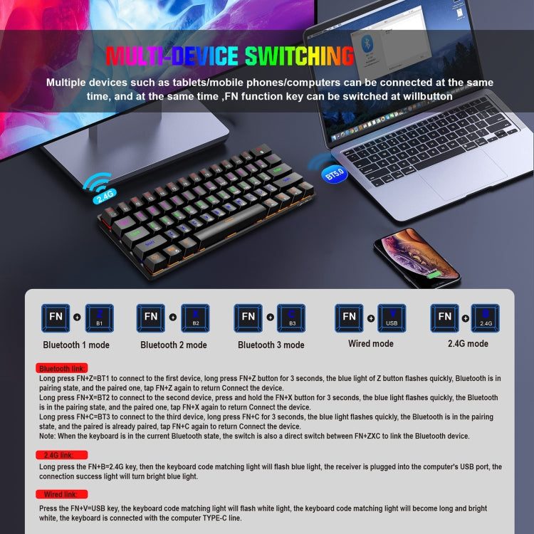HXSJ L800 61 Keys Bluetooth 5.0 / 2.4G Wireless / Type-C Wired Three Modes Blue Shaft Mechanical Keyboard