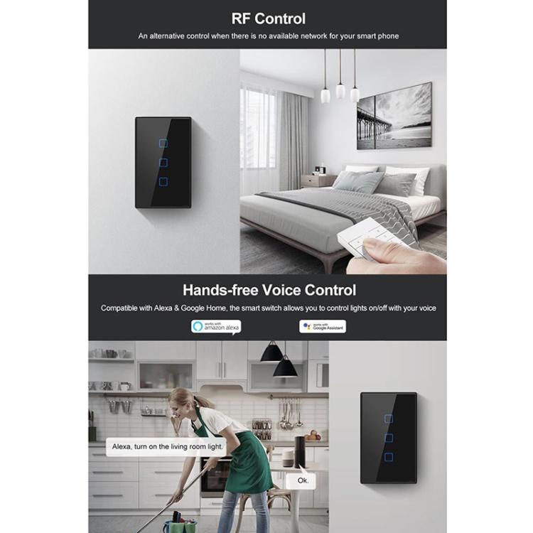 T3 US-TX 433 RF WIFI Smart Remote Control Wall Touch Switch, US Plug, Style:Three Buttons, Single Button, Double Buttons, Three Buttons
