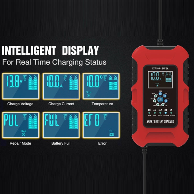 FOXSUR 10A 12V 7-segment Motorcycle / Car Smart Battery Charger, EU Plug, UK Plug, US Plug
