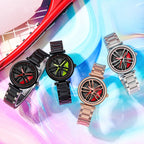 SANDA 1074 3D Hollow Out Wheel Non-rotatable Dial Quartz Watch for Women, Steel Belt, Leather Belt, Mesh Belt