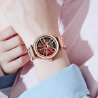SANDA 1074 3D Hollow Out Wheel Non-rotatable Dial Quartz Watch for Women, Steel Belt, Leather Belt, Mesh Belt