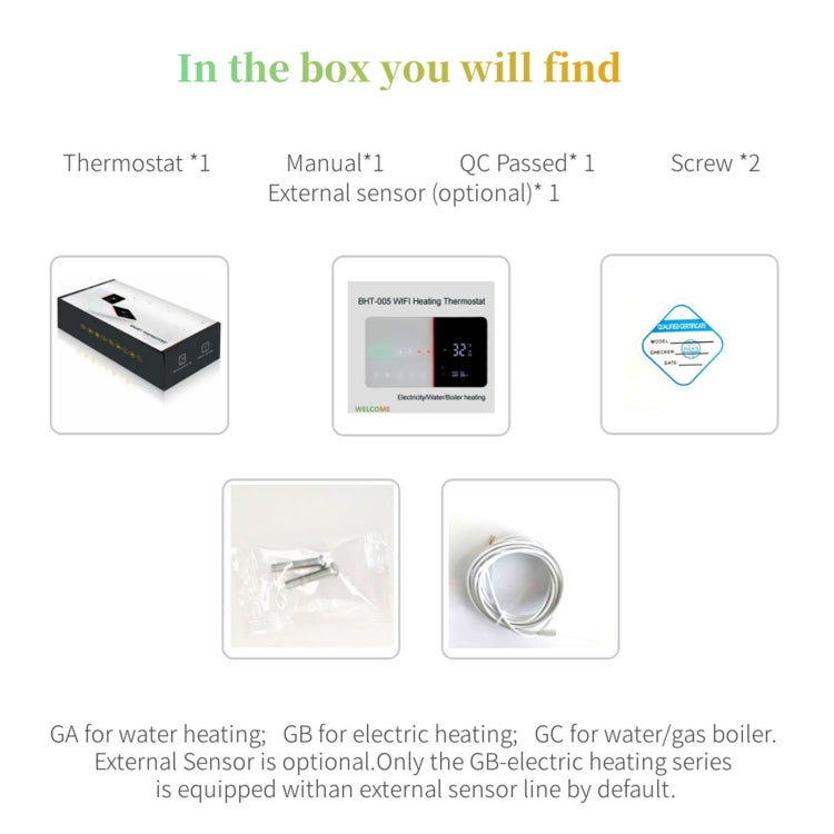 BHT-005-GALW 220V AC 3A Smart Home Heating Thermostat for EU Box, Control Water Heating with Only Internal Sensor & WIFI Connection, BHT-005-GALW