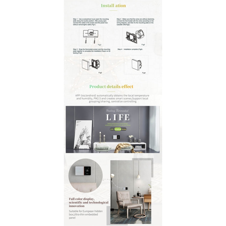 BHT-005-GB 220V AC 16A Smart Home Heating Thermostat for EU Box, Control Electric Heating with Only Internal Sensor, BHT-005-GB