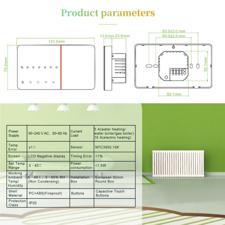 BHT-005-GBLW 220V AC 16A Smart Home Heating Thermostat for EU Box, Control Electric Heating with Only Internal Sensor & WIFI Connection, BHT-005-GBLW