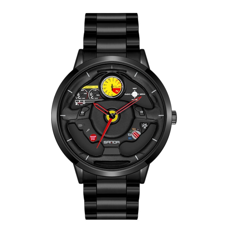 SANDA 1085 Steering Wheel Hollow Dial Waterproof Quartz Watch, Steel Band, Leather Band, Mesh Band