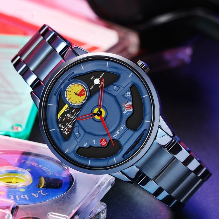 SANDA 1085 Steering Wheel Hollow Dial Waterproof Quartz Watch, Steel Band, Leather Band, Mesh Band