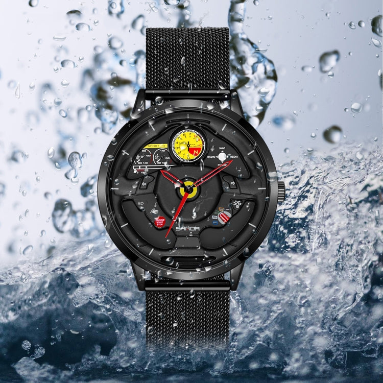 SANDA 1085 Steering Wheel Hollow Dial Waterproof Quartz Watch, Steel Band, Leather Band, Mesh Band