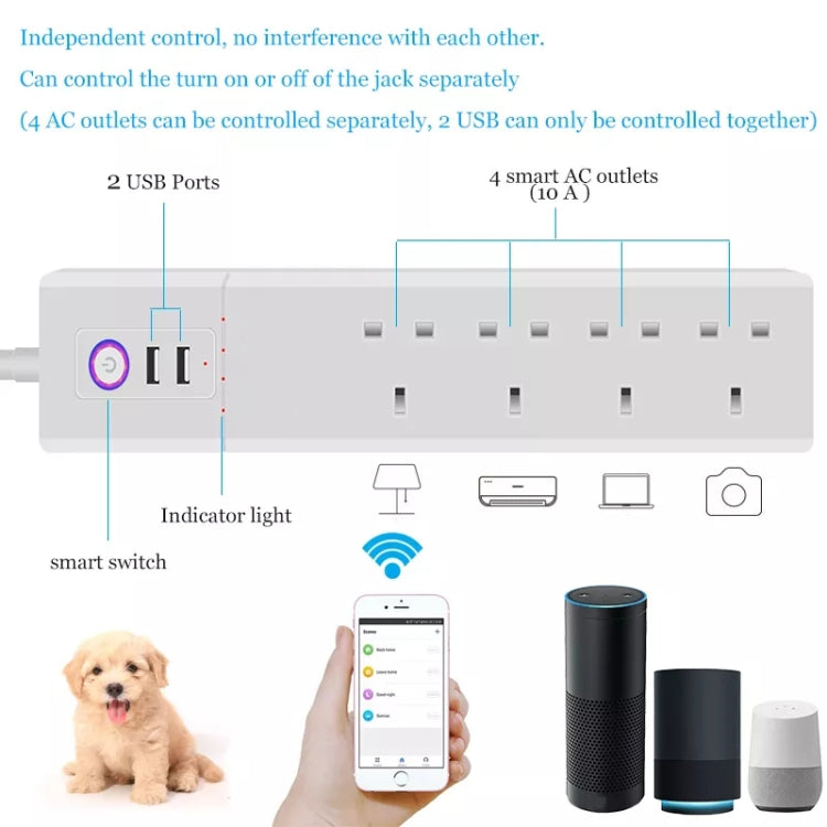 SM-SO306-K 4 Holes + 2 USB Multi-purpose Smart Power Strip, UK Plug, WiFi 10A, WiFi 16A