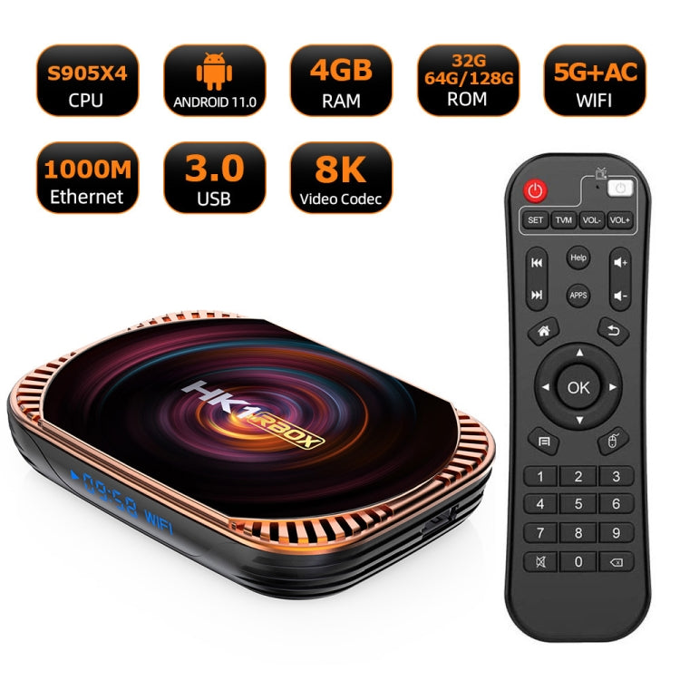 HK1RBOX X4 4K TV Box, Android 11 Amlogic S905X4 CPU with RC, 4GB+32GB, 4GB+64GB, 4GB+128GB