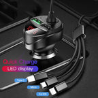 C68 LED Digital Display QC3.0 Fast Car Charger 3 in 1 with Spring Cable, C68 with Spring Cable, C68 (Silver)