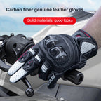 One Pair Genuine Leather Motorcycle Gloves with Carbon Fiber Hard Knuckle Touch Screen, S, M, L, XL, XXL