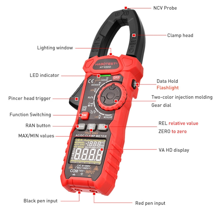 HABOTEST HT208A 1000A Clamp Multi-Function Anti-burning Digital Multimeter, HT208A