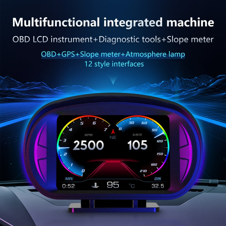 P2 3 inch Multi-function HD OBD LCD Instrument GPS Car Speed Slope Meter HUD Head-up Display, P2