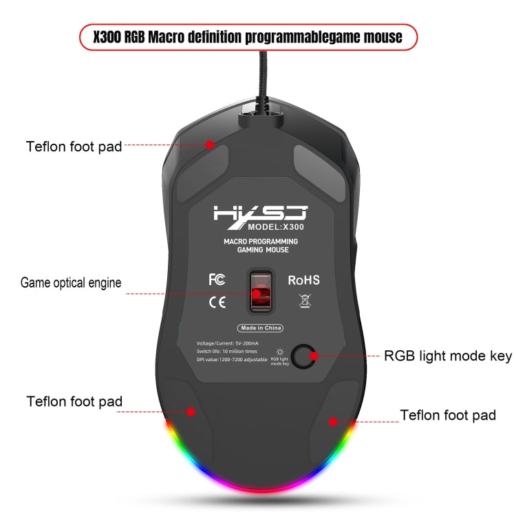 HXSJ X300 7200DPI RGB Backlight Interchangeable Back Cover Hole Gaming Wired Mouse, X300 Black, X300 White