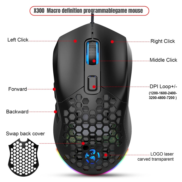 HXSJ X300 7200DPI RGB Backlight Interchangeable Back Cover Hole Gaming Wired Mouse, X300 Black, X300 White