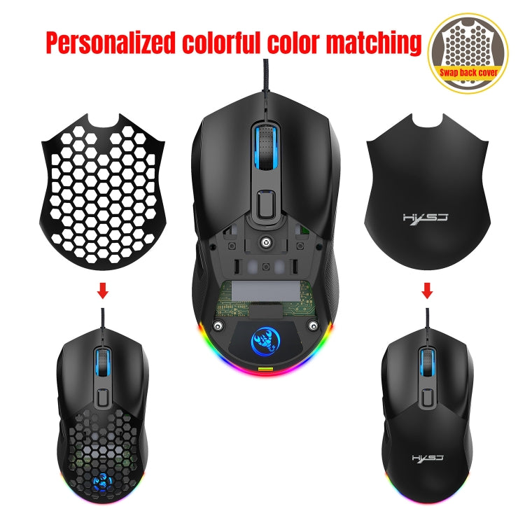 HXSJ X300 7200DPI RGB Backlight Interchangeable Back Cover Hole Gaming Wired Mouse, X300 Black, X300 White