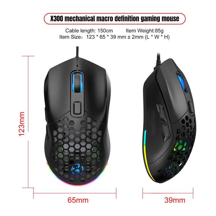 HXSJ X300 7200DPI RGB Backlight Interchangeable Back Cover Hole Gaming Wired Mouse, X300 Black, X300 White