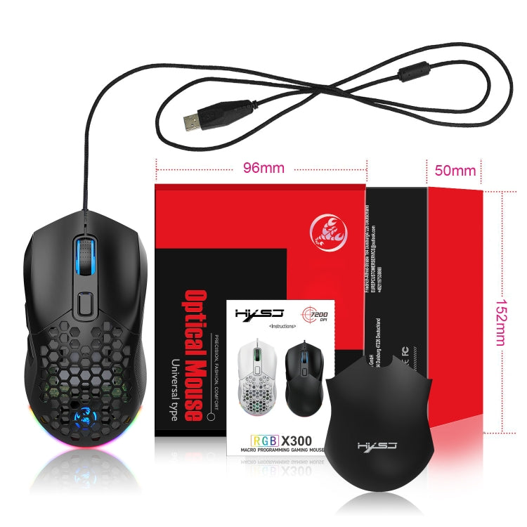 HXSJ X300 7200DPI RGB Backlight Interchangeable Back Cover Hole Gaming Wired Mouse, X300 Black, X300 White