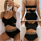 Woman Sexy Solid Color High Waist Two Piece Bikini Swimsuit, S, M, L