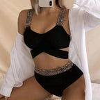 Woman Sexy Solid Color High Waist Two Piece Bikini Swimsuit, S, M, L