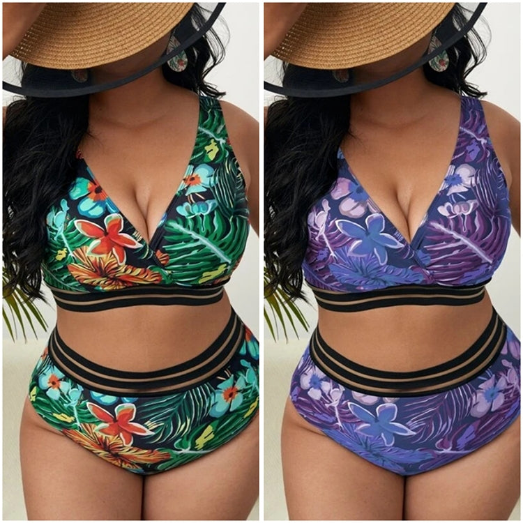 Plus-size Sexy Printed High Waist Two Piece Bikini Swimsuit, L, XL, XXL, XXXL, XXXXL