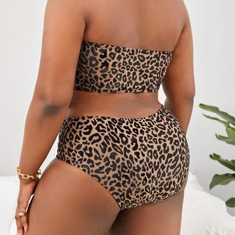 Plus-size Sexy Leopard Print High Waist Two Piece Bikini Swimsuit, L, XL, XXL, XXXL, XXXXL