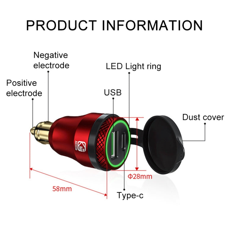 Motorcycle European-style Small-caliber Aluminum Alloy QC 3.0 + PD Fast Charge USB Charger, Black, Red, Gold, Blue